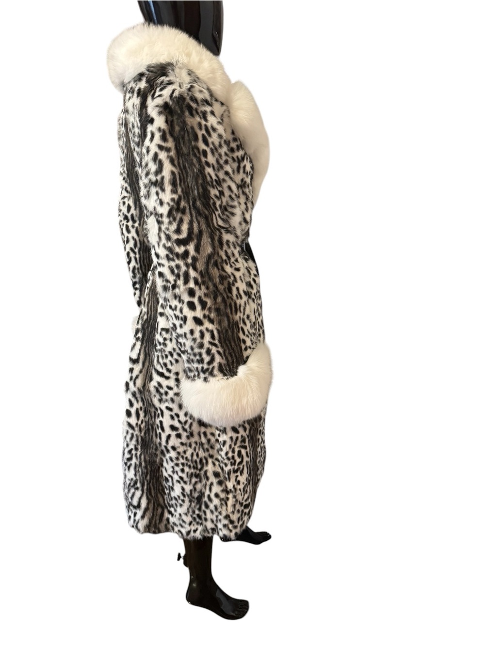 Luxury White & Black Leopard Print rabbit Fur Coat with White fox Collar - Picture 3 of 16